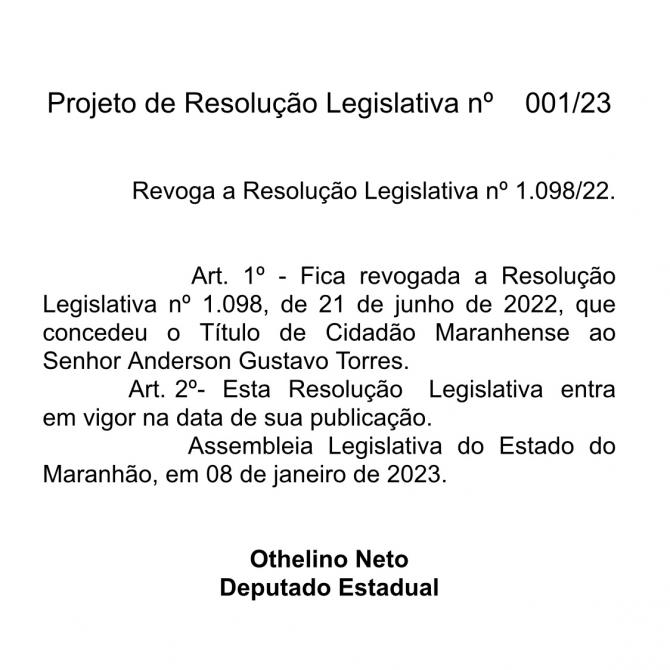 Othelino revoga Título de Cidadão Maranhense concedido ao ex-secretário Anderson Torres