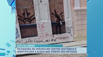Vídeos mostram mulher pichando fachada de casarões no Centro Histórico